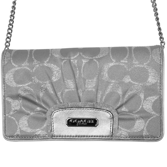 NWOT Coach Logo Metallic Clutch Cross Body Convertible Bag Purse Silver Gray